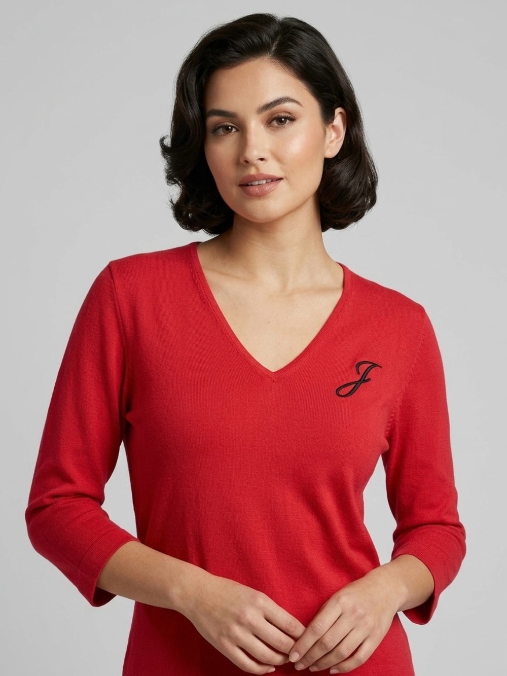 Vintage 90s Designers Originals Red V-Neck Embroidered Monogram J Knit Sweater M - Picture 1 of 9